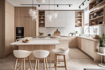 Fototapeta na wymiar Warm pastel white and beige colors are used in the interior design of the spacious, cheerful studio apartment in the Scandinavian style. Modern touches in the kitchen and fashionable, generative AI