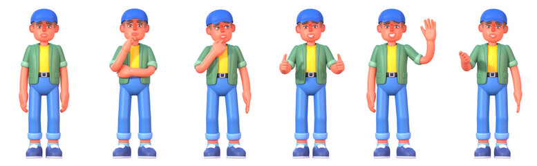 3d render of a man in casual outfit showing various emotions, poses