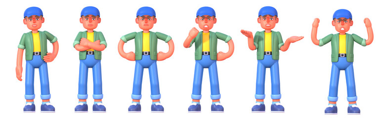 3d render of a man in casual outfit showing various emotions, poses