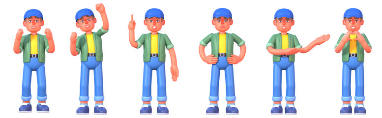 3d render of a man in casual outfit showing various emotions, poses