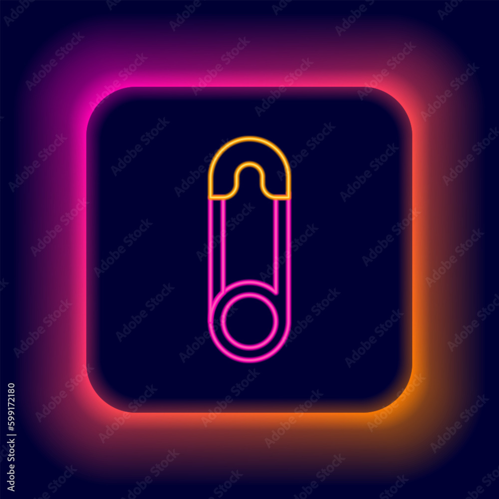 Canvas Prints Glowing neon line Classic closed steel safety pin icon isolated on black background. Colorful outline concept. Vector