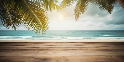 Wooden floors, sea backdrop wooden table. Bright holiday concept. Vacation concept. Beautiful natural landscape. Realistic tropical illustration. Construction decoration concept. Retro style.