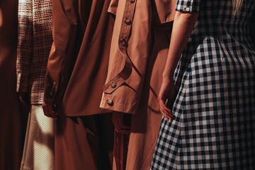 Female figures in beige brown grey stylish clothes on backstage Fashion week. Trendy outfit, creative clothes concept.