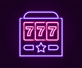 Glowing neon line Slot machine with lucky sevens jackpot icon isolated on black background. Colorful outline concept. Vector