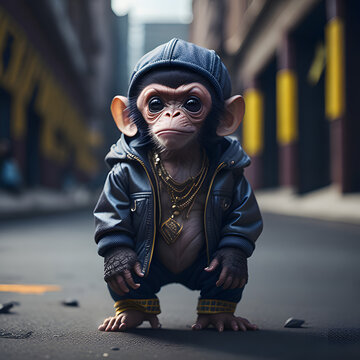Year of the Monkey. Cute kawaii tiny hyperrealistic monkey in hip hop clothes, city background. wide angle full body. Creation of Ai