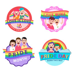 Happy Pride month labels illustration on white background. LGBTQ labels with pride flags, rainbow and pride wording vector. Sticker of lesbian, gay, bisexual and transgender concept.