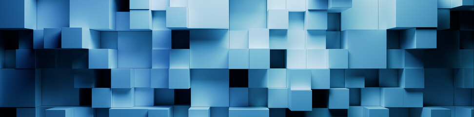 Blue, Multisized Cubes Neatly Constructed to create a Modern Tech Background. 3D Render.