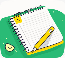 A note pad with colorful elements, a pencil, memo pad illustration set. diary, memo label, sticker, memo, pencil, spring note Vector drawing. Hand drawn