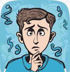 Fototapeta premium man confused and puzzled standing with huge question mark, flat cartoon vector illustration isolated on white background. Kid thinking over question.