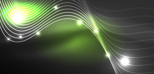 Shiny glowing neon wave. Neon light or laser show, electric impulse, power lines, techno quantum energy impulse, magic glowing dynamic lines