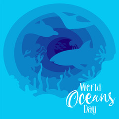 World Oceans Day. A holiday dedicated to the protection and preservation of the world's oceans, water resources and ecosystems. Blue shades from layers in the theme of sea waves, fish and plants
