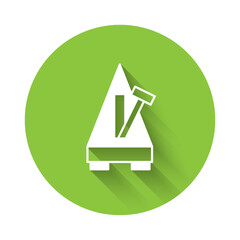 White Classic Metronome with pendulum in motion icon isolated with long shadow background. Equipment of music and beat mechanism. Green circle button. Vector