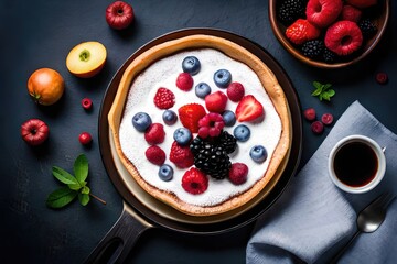 A delicious Dutch Baby Pancake topped with fresh berries for a sweet start to the day. Generated by AI