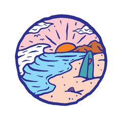 Illustration design with a colorful sunset beach scene