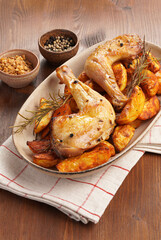 two oven-roasted organic chicken thighs on roasted potato wedges spiced with chili and paprika on oval ceramic plate, rosemary and black pepper. Checkered kitchen towel, brown wooden tabletop