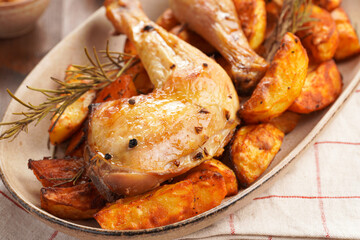 two oven-roasted organic chicken thighs on roasted potato wedges spiced with chili and paprika on oval ceramic plate, rosemary black pepper. Checkered kitchen towel, brown wooden tabletop, close-up