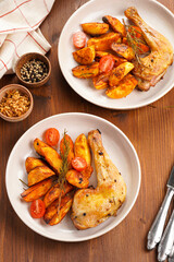 two round plates with oven-roasted organic chicken thighs on potato wedges spiced with chili paprika on oval ceramic plate, rosemary black pepper. Checkered kitchen towel, brown wooden table, top view