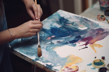 Fototapeta premium Finish artwork. Female artist. Creative studio. Unrecognizable woman creating abstract picture on canvas with spatula