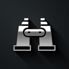 Silver Binoculars icon isolated on black background. Find software sign. Spy equipment symbol. Long shadow style. Vector