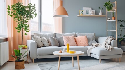 a cheery, light-colored living room. GENERATE AI