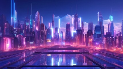Fototapeta na wymiar City of neon lights, technology, and the future. GENERATE AI