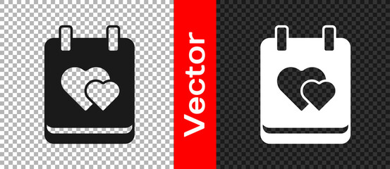 Black Calendar with heart icon isolated on transparent background. Valentines day. Love symbol. February 14. Vector