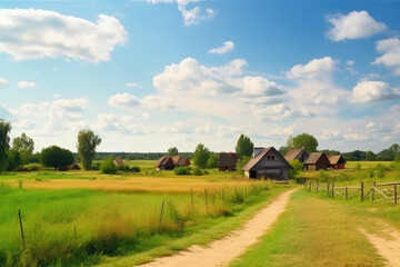 Obraz premium Countryside village. Hay fields. Agricultural land. Green and yellow harvest path of farmland meadow with small cottage houses fluffy sky clouds daylight panorama