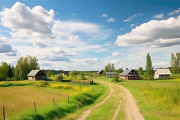 Obraz premium Countryside village. Hay fields. Agricultural land. Green and yellow harvest path of farmland meadow with small cottage houses fluffy sky clouds daylight panorama