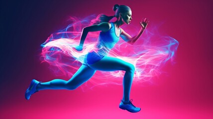 Fototapeta na wymiar Professional female athlete, runner practicing with mixed pink neon light on blue studio background. Concept of a healthy lifestyle, mobility, and action. GENERATE AI