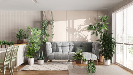 Urban jungle, kitchen and living room in white and wooden tones. Dining table, parquet floor and houseplants. Home garden interior design. Love for plants concept