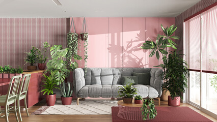 Urban jungle, kitchen and living room in white and red tones. Dining table, parquet floor and houseplants. Home garden interior design. Love for plants concept