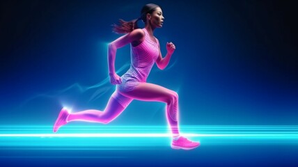 Professional female athlete, runner practicing with mixed pink neon light on blue studio background. Concept of a healthy lifestyle, mobility, and action. GENERATE AI