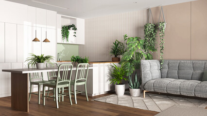 Urban jungle, kitchen and living room in white and wooden tones. Dining table, sofa and houseplants. Home garden interior design. Biophilia concept