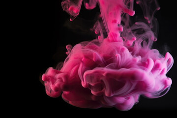 Ink water. Color fume. Acrylic paint drop. Pink glowing fog cloud floating on black creative abstract art background with free space