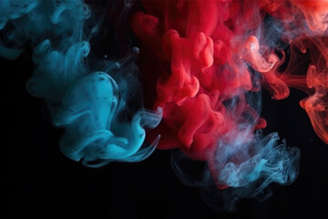 Fume texture. Color mist. Ink water mix. Red blue burning hot sparks smoke cloud particles floating on dark black abstract art background with copy space