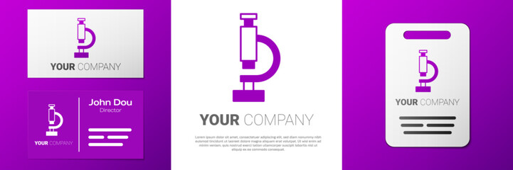 Logotype Microscope icon isolated on white background. Chemistry, pharmaceutical instrument, microbiology magnifying tool. Logo design template element. Vector