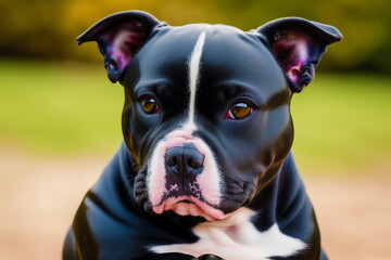 Staffordshire Bull Terrier dog. Portrait of a beautiful Staffordshire Bull Terrier playing in the park. Generative AI