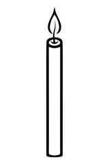 Thin candle. Sketch. Flaming fire. Decoration for a birthday cake. Vector illustration. Coloring book for children. Doodle style. Outline on isolated background. Idea for web design, invitations