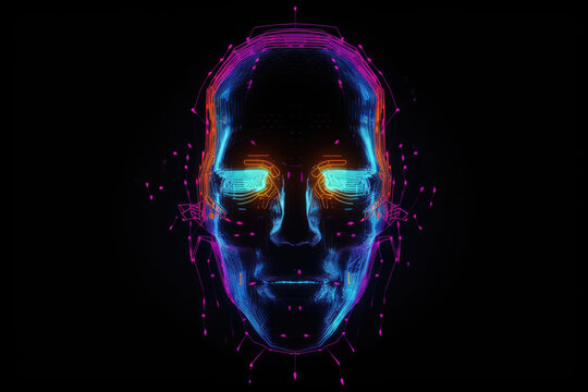 Glitch art. Cyber noise. Sci-Fi intelligence. Neon light purple blue orange color pixel glowing alien face on dark black futuristic abstract art illustration background