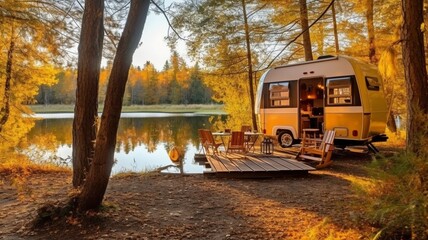 Traveling by caravan or camper and camping with a trailer for a mobile home or recreational vehicle, camping in the fall. The Generative AI - obrazy, fototapety, plakaty
