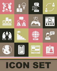 Set Identification badge, Speech bubble chat, Browser files, Two sitting men talking, Ranking star, Location the globe and Mountains with flag icon. Vector