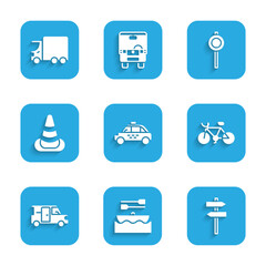 Set Taxi car, Boat with oars, Road traffic signpost, Bicycle, Minibus, Traffic cone, and Delivery cargo truck icon. Vector