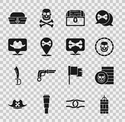 Set Dynamite bomb, Pirate coin, Antique treasure chest, Location pirate, Sailor hat and icon. Vector