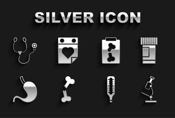 Set Human broken bone, Medicine bottle and pills, Microscope, Medical thermometer, stomach, X-ray shots, Stethoscope and Doctor appointment icon. Vector