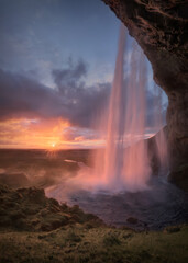 Waterfall  Seljalandsfoss on Iceland at beautifull sunset