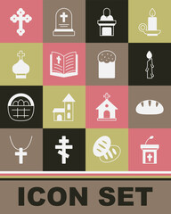 Set Church sermon tribune, Christian bread, Burning candle, pastor preaching, Holy bible book, church tower, cross and Easter cake icon. Vector