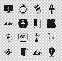 Set Cross ankh, Flag Of Egypt, Map of, Nefertiti, pyramids, and Papyrus scroll icon. Vector