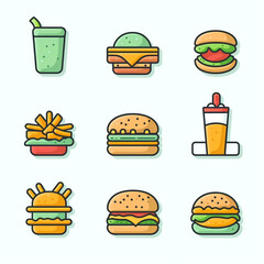 fast food icons, burgers, sodas, fries. Generative AI