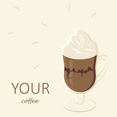 Cup of coffee with cream and splash of milk. Text 