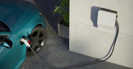 Generic electric vehicle EV hybrid car is being charged from a wallbox near a contemporary modern residential building house